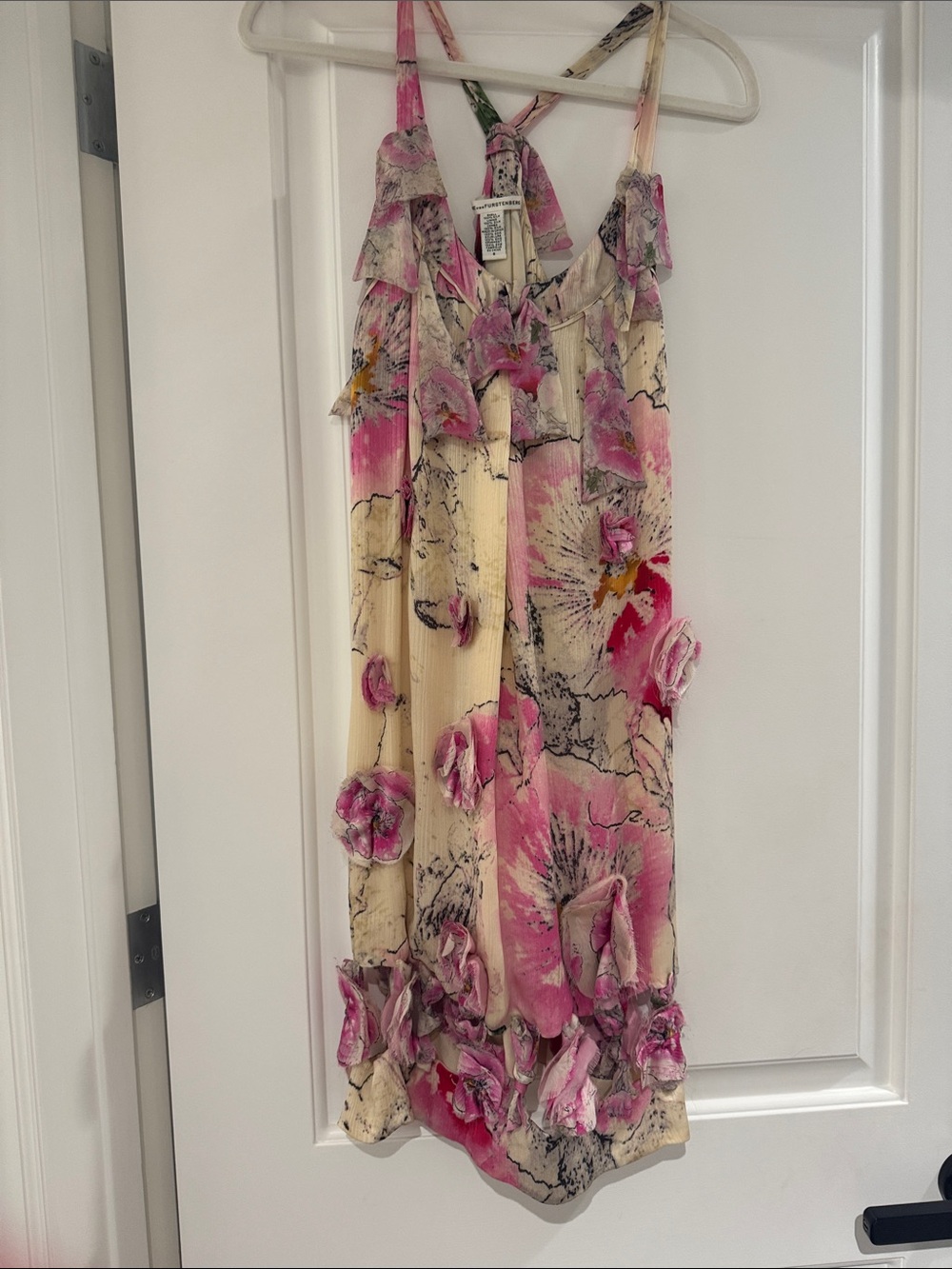 Diane von Firstenburg Floral Pink and Cream Ruffle Slip Dress